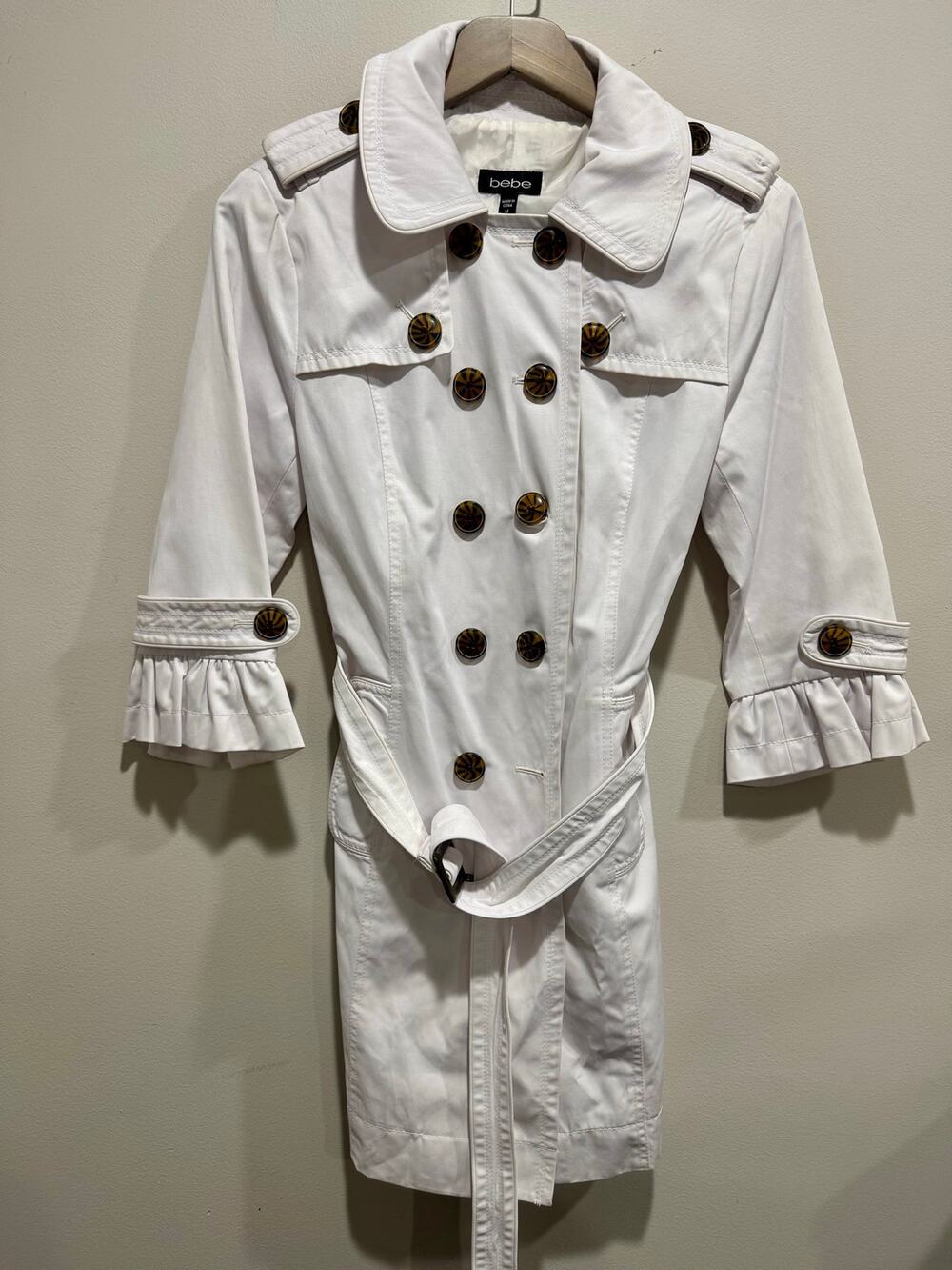 Bebe White Belted Trench Coat Ruffle Cuffs Statement Buttons Size M